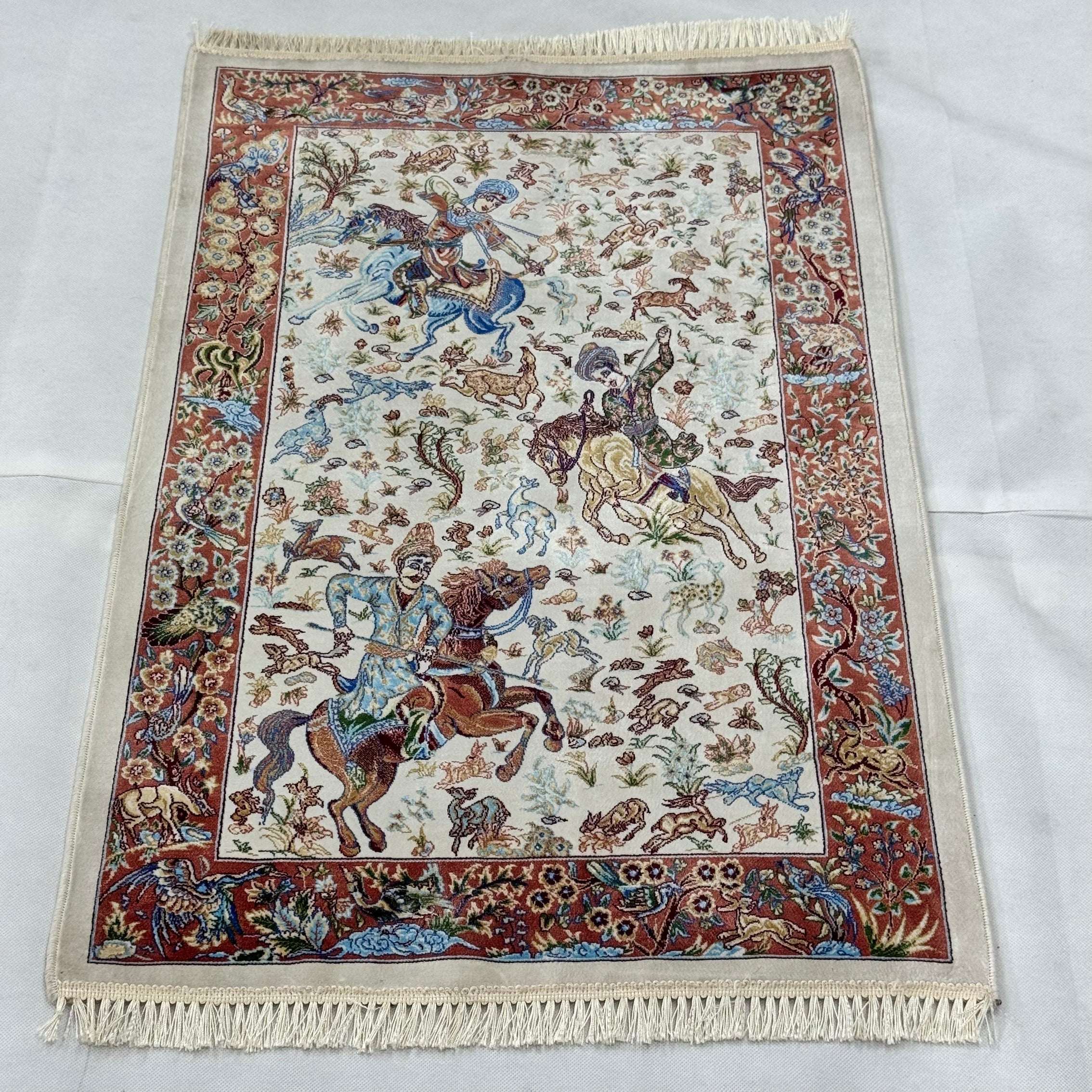 Persian Silk Hunting Scene Rug 2 ft x 3 ft | Pure Silk | 1600 Reeds