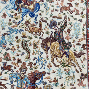 Persian Silk Hunting Scene Rug 2 ft x 3 ft | Pure Silk | 1600 Reeds