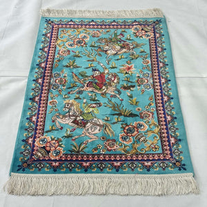 Persian Silk Hunting Scene Rug 2 ft x 3 ft | Teal Floral Equestrian