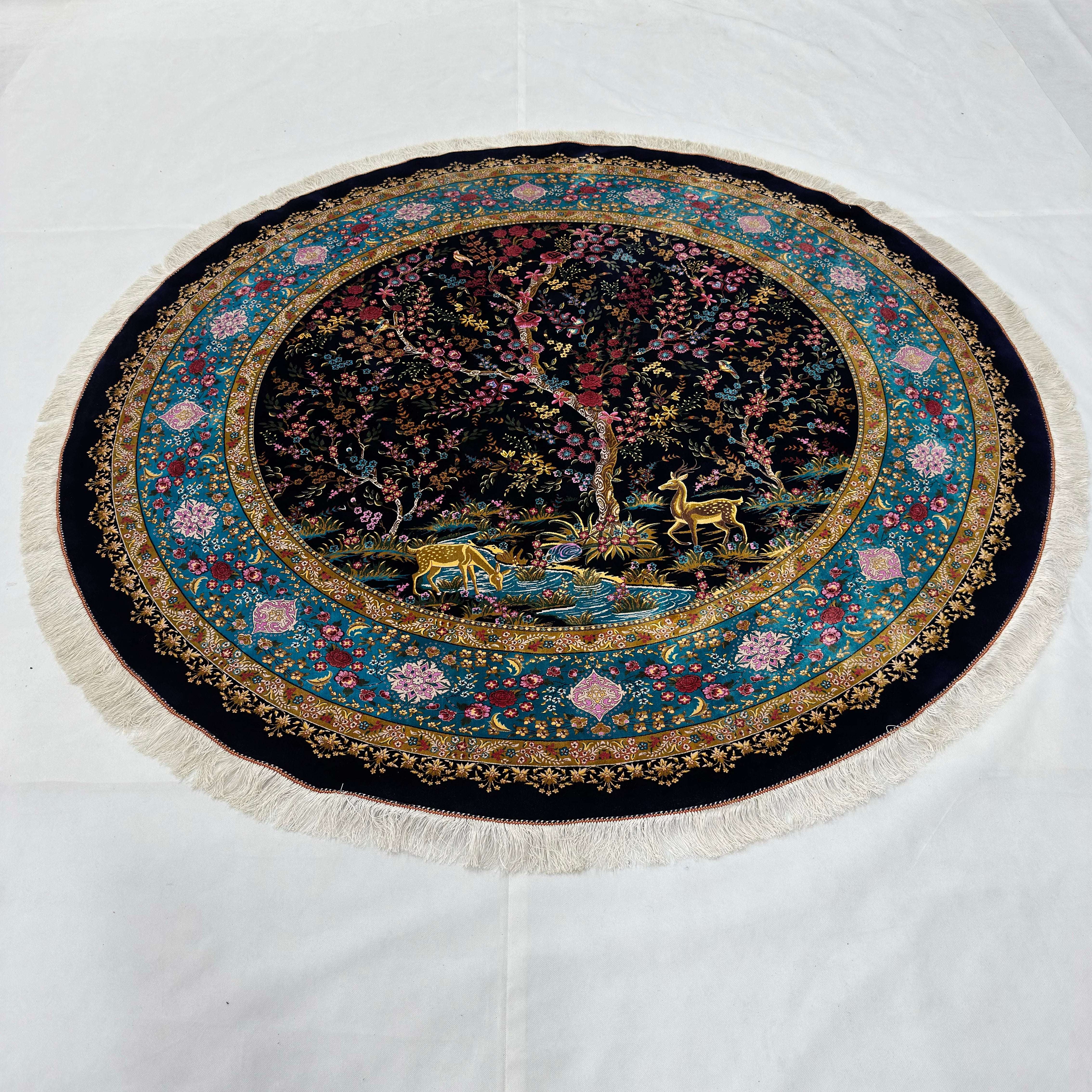 Persian Silk Round Rug 6.5 ft x 6.5 ft | Tree of Life Floral 1600 Reed
