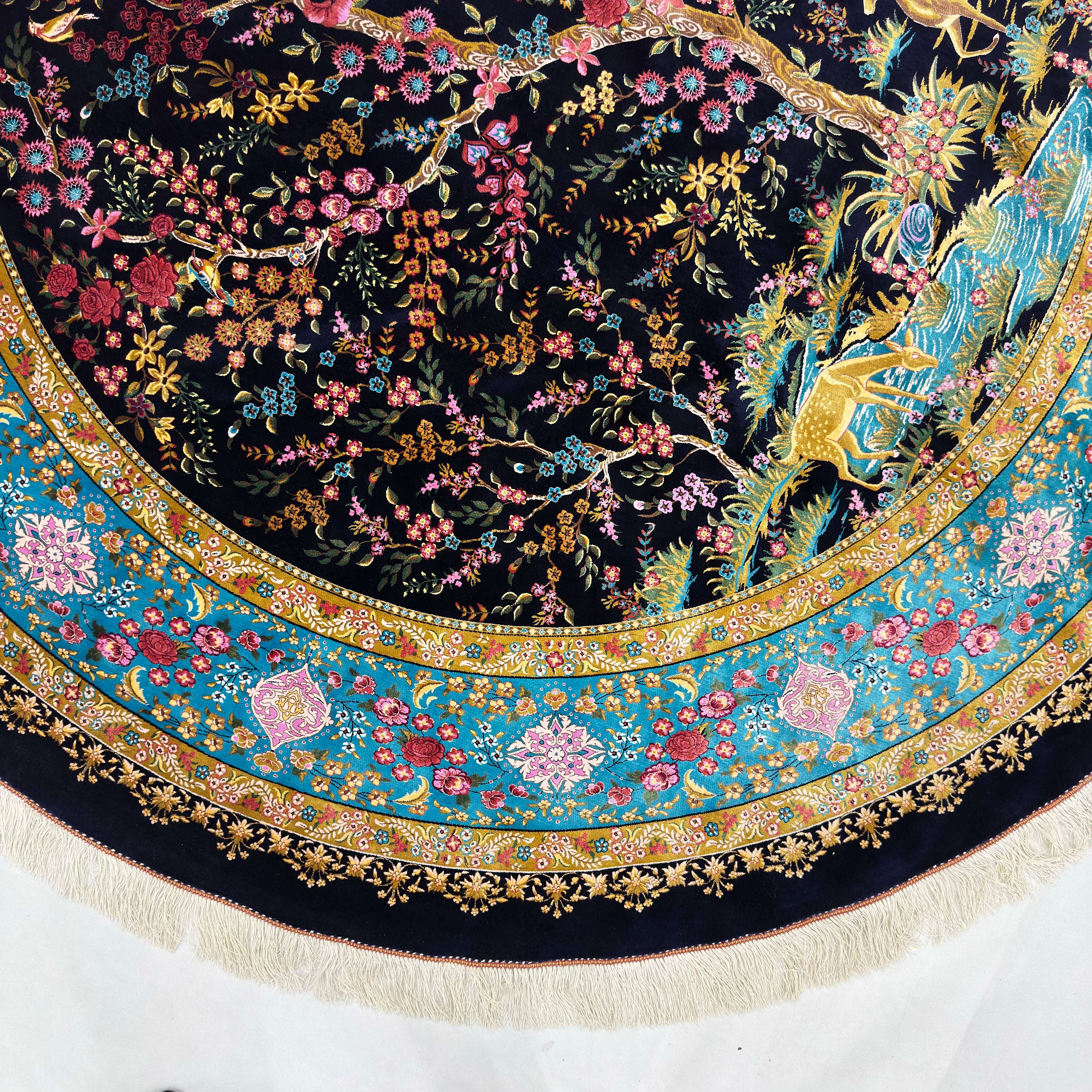 Persian Silk Round Rug 6.5 ft x 6.5 ft | Tree of Life Floral 1600 Reed