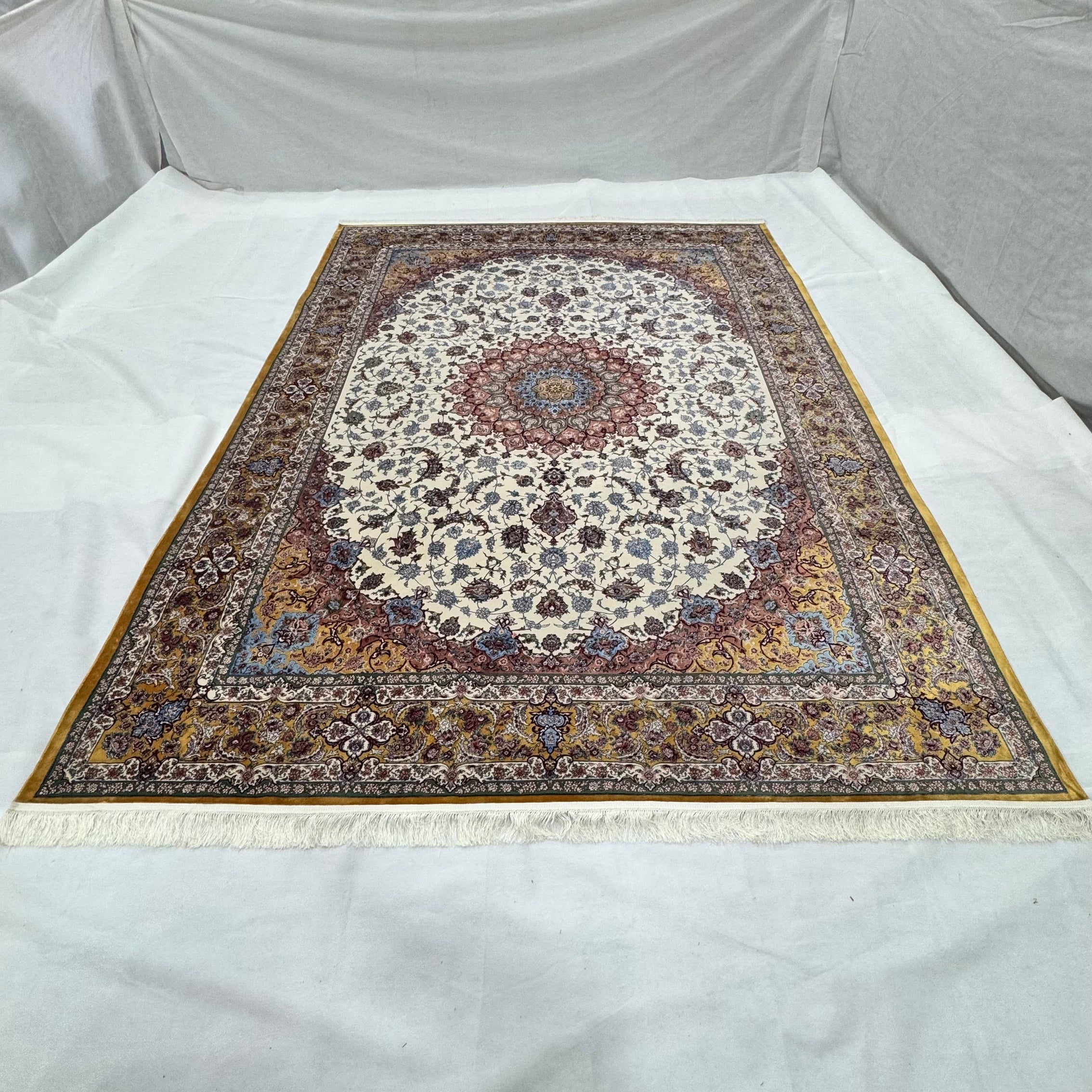 Persian Isfahan Floral Medallion Pure Silk Abresham Rug 8 ft x 11 ft