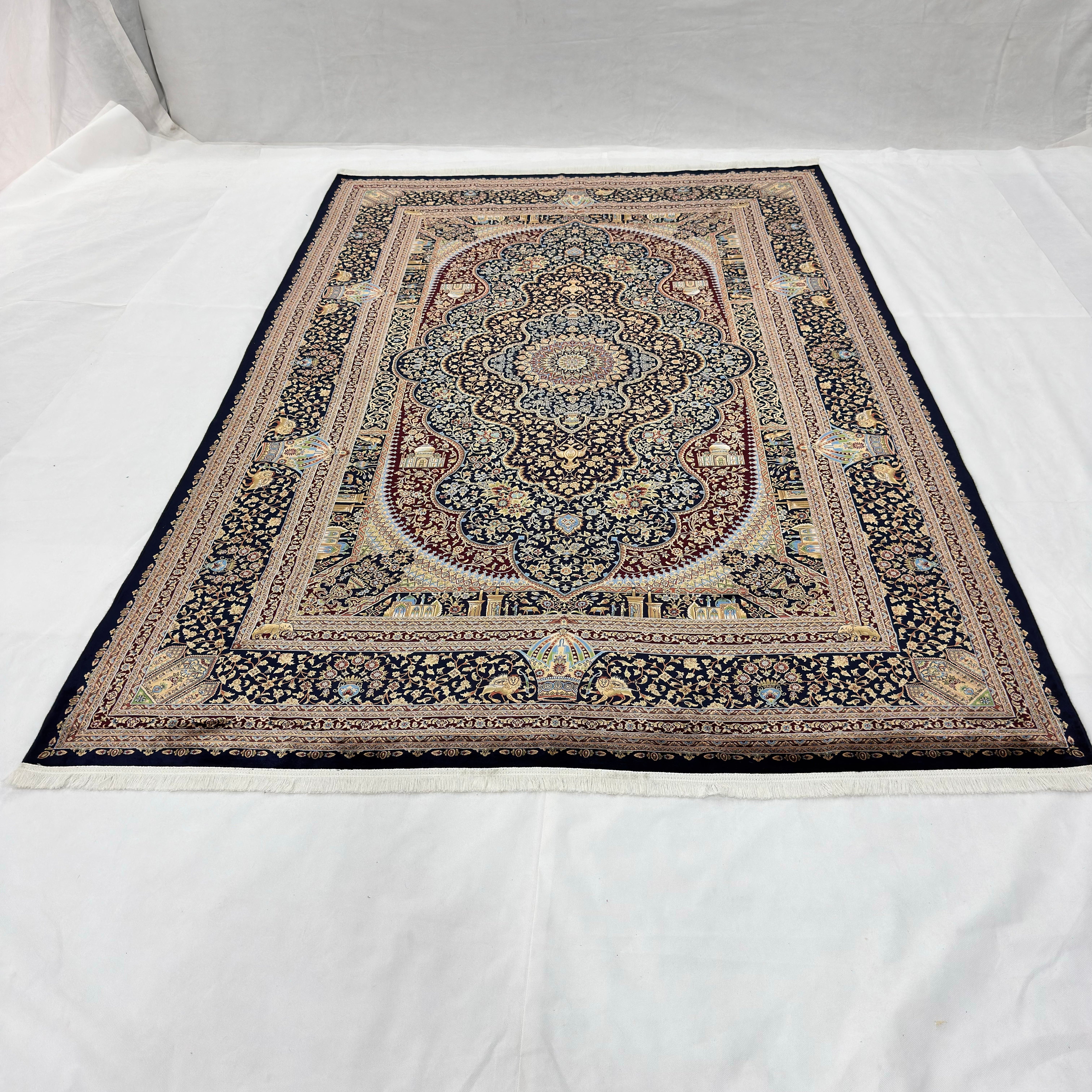 Persian Isfahan Medallion Pure Silk Abresham Rug 7 ft x 10 ft | 1600 Reed