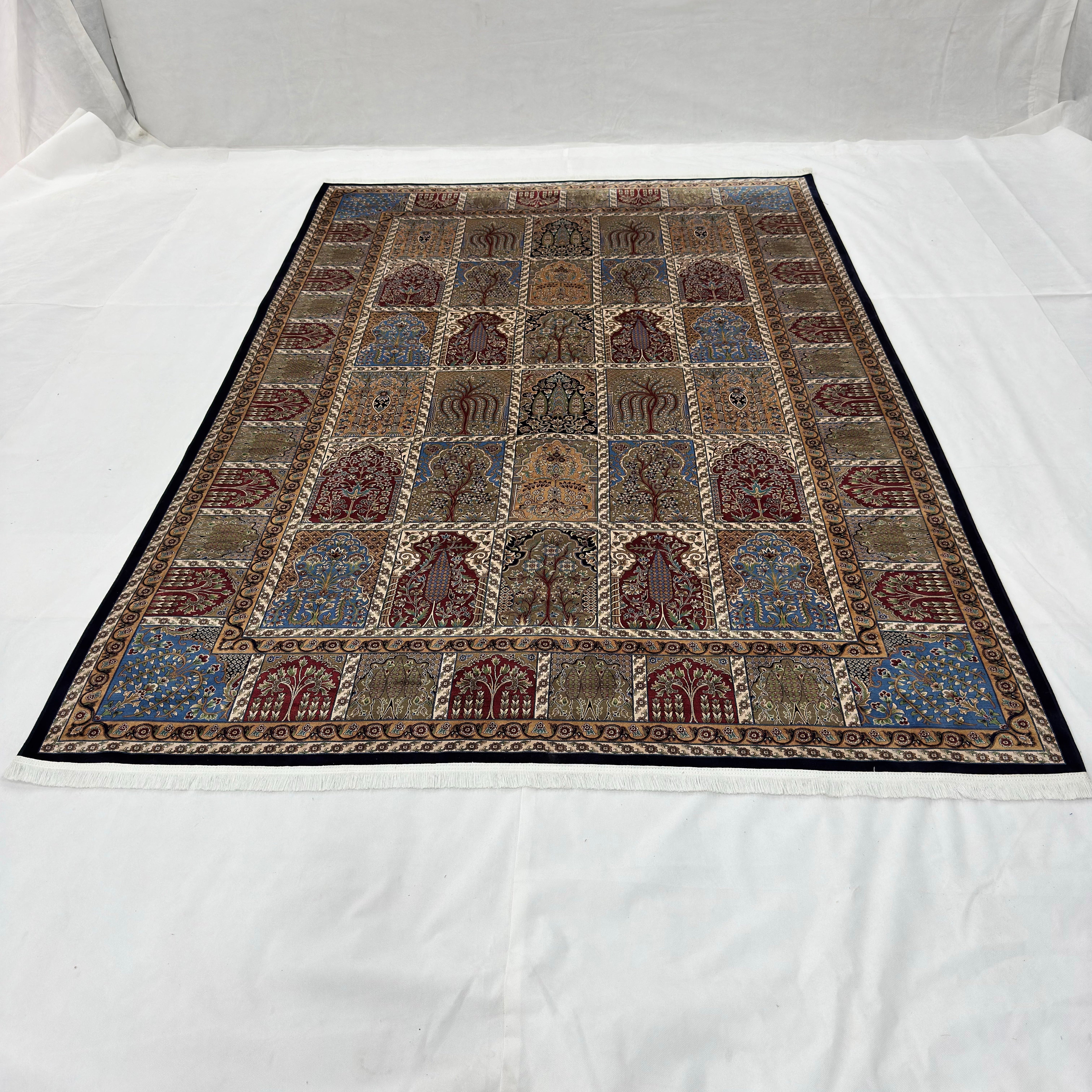 Persian Khamseh Garden Panel Pure Silk Abresham Rug 7 ft x 10 ft | 1600